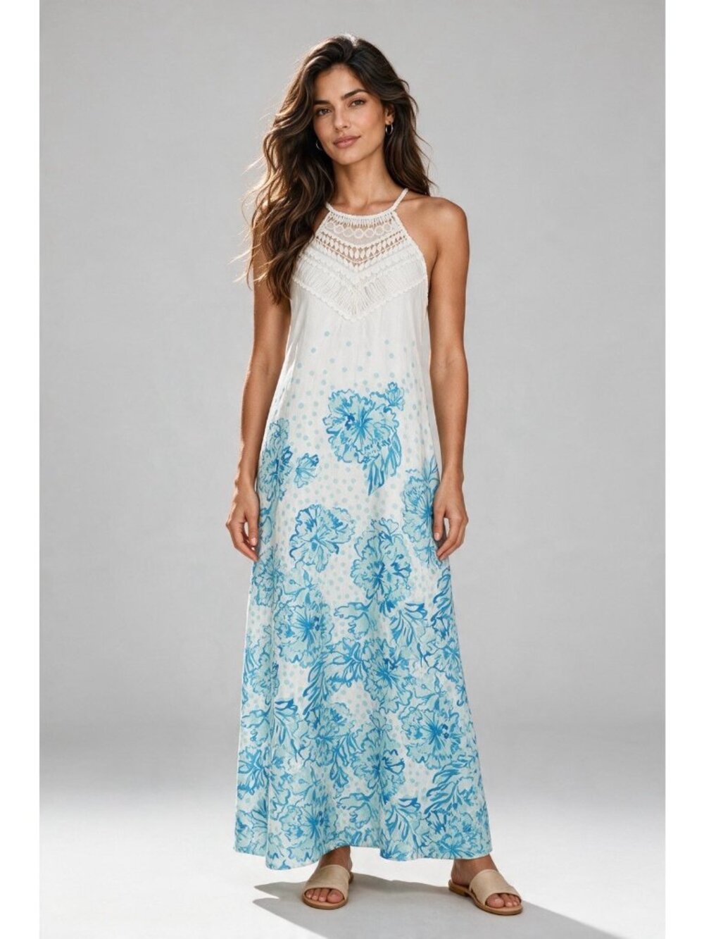 Lilly Pulitzer Pearl Soft Maxi Dress 4 White Blue Crochet Halter Resort Floral
